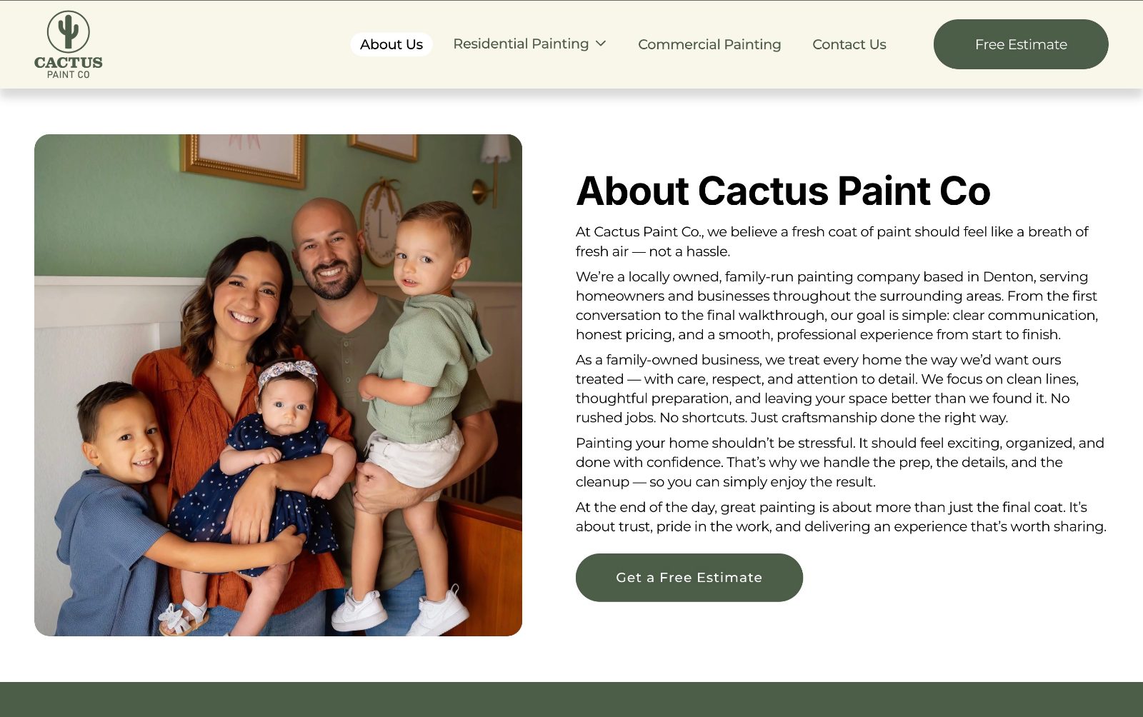 The About page: a photograph of the family who own Cactus Paint Co. beside their story &mdash; locally owned and family-run in Denton, clear communication and honest pricing, no rushed jobs, no shortcuts, craftsmanship done the right way