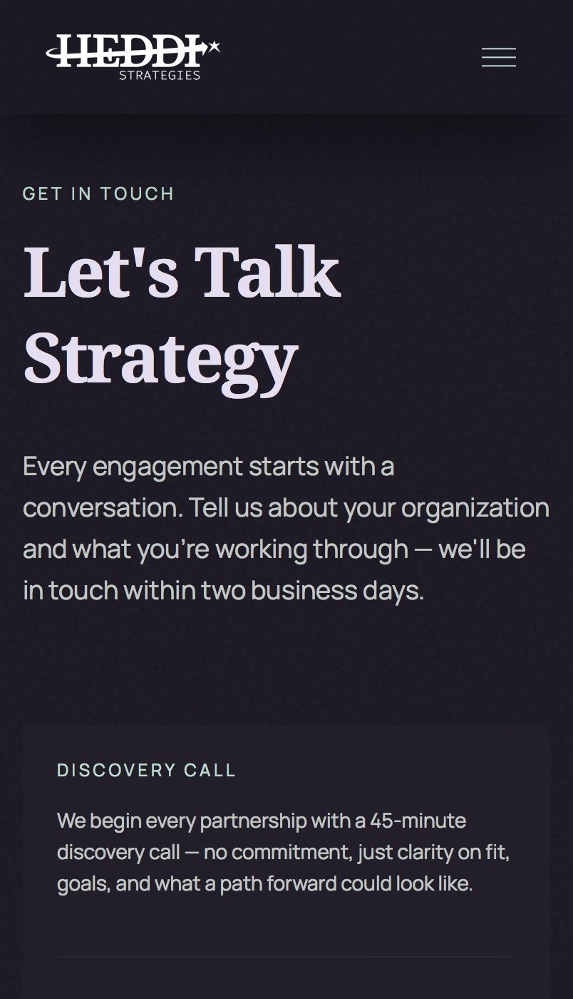 The contact page: &ldquo;Let&rsquo;s Talk Strategy&rdquo; with a two-business-day response promise and a card describing the 45-minute discovery call