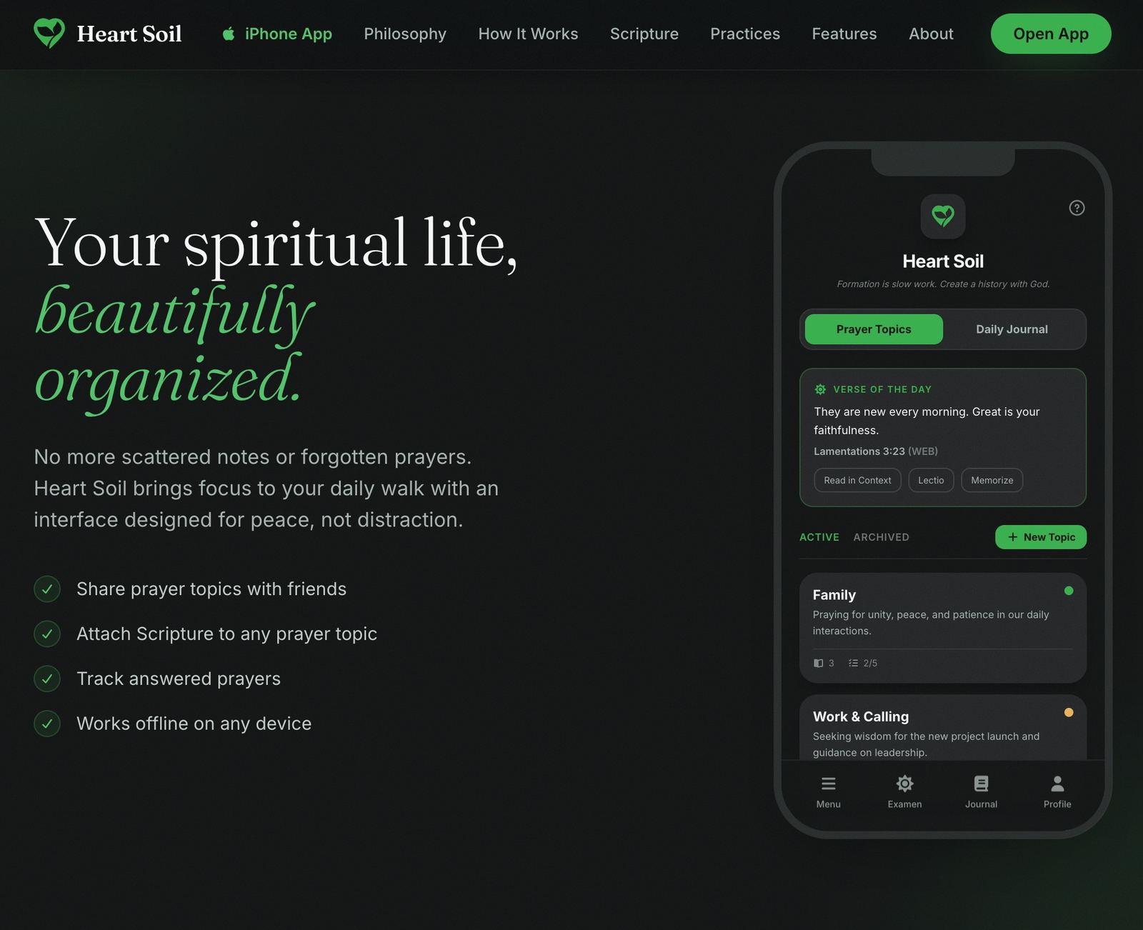 MyHeartSoil.com homepage: 'Your spiritual life, beautifully organized' beside an iPhone showing prayer topics and the verse of the day