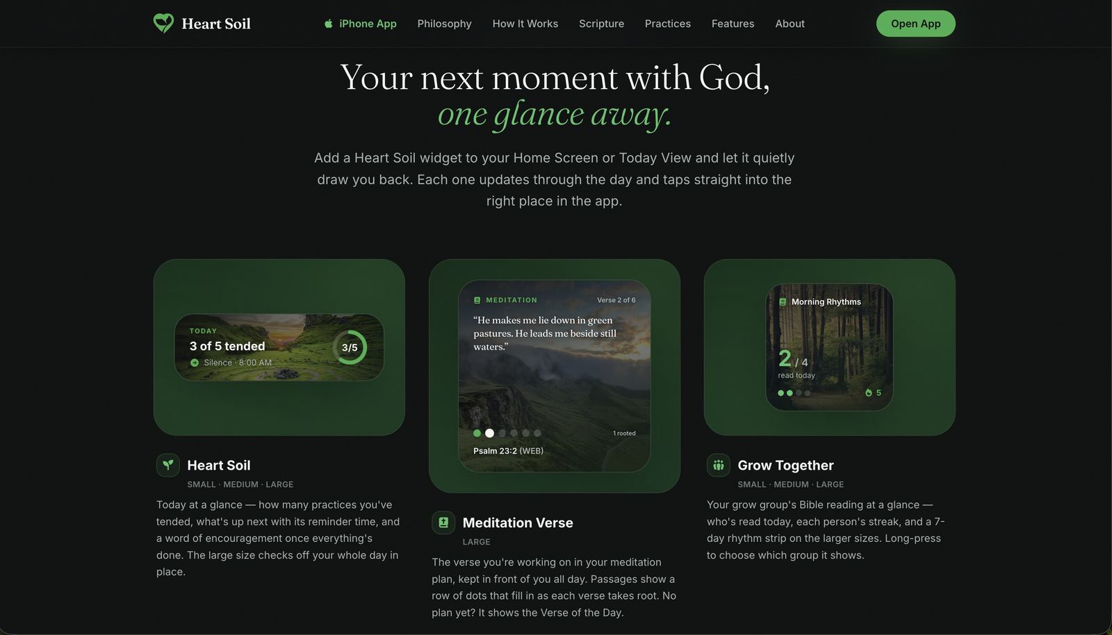 Heart Soil widgets page: 'Your next moment with God, one glance away' with three home-screen widgets for daily practices, meditation verses, and group reading